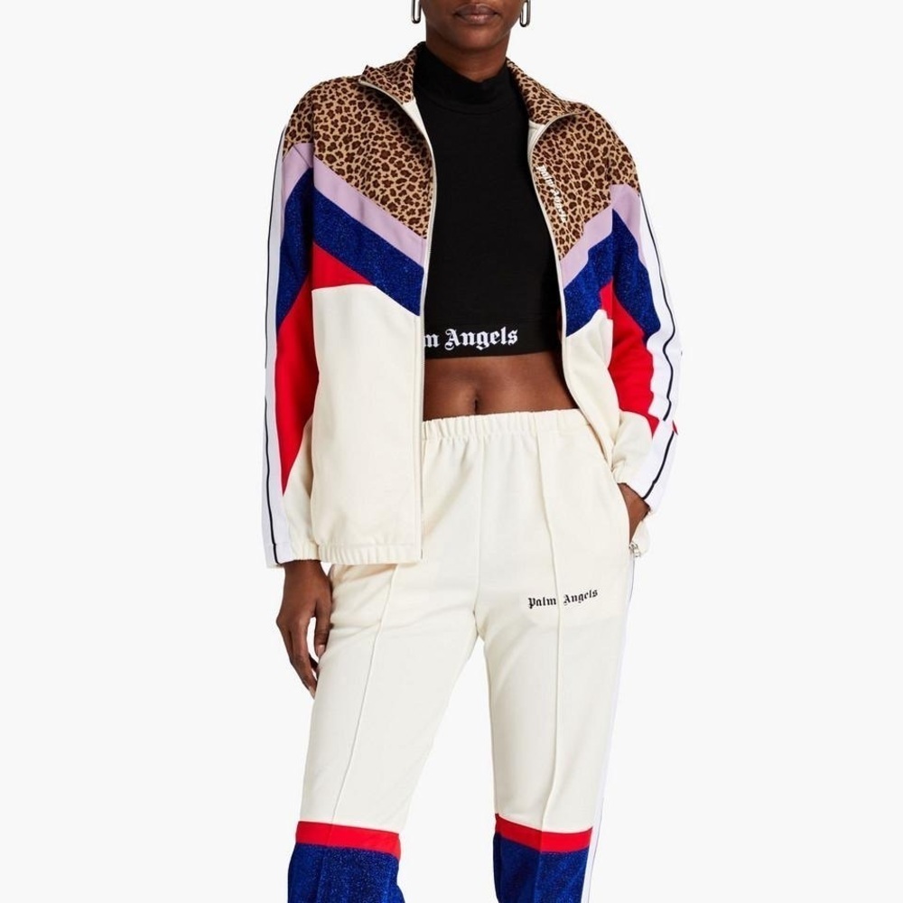 Palm Angels Leopard Print Track Jacket Retro Athletic Style Cream Red Blue